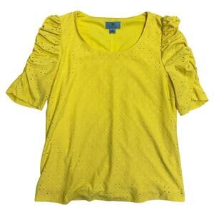 Yellow Eyelet Puff‑Sleeve Top 💛 Short‑Sleeve Feminine Summer Blouse 🌼 Size M